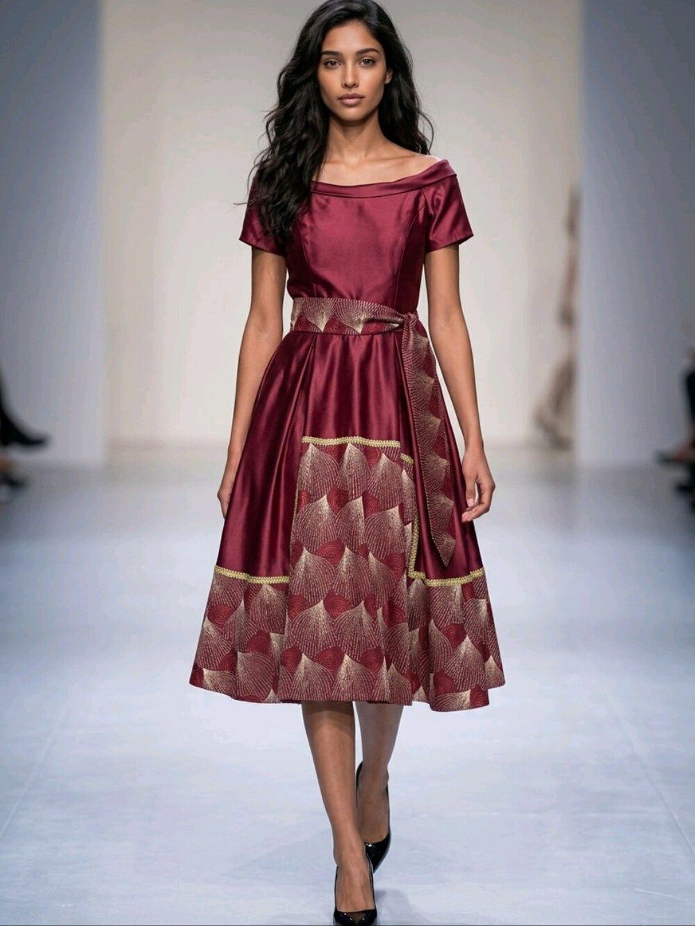 Vintage Inspired Maroon Fit & Flare Cocktail Dress Pattern Sash Cotton Feel Zip